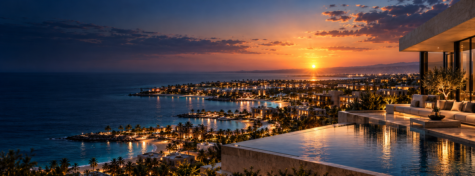 Contemporary Egyptian coastal destination at sunset